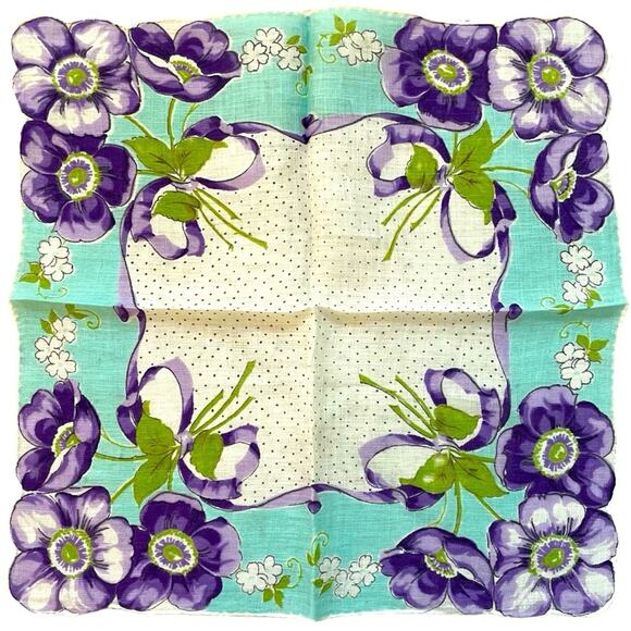 Vintage Accessories - Vintage Floral Handkerchief Hankie 1950s Cottagecore Granny Framable Art